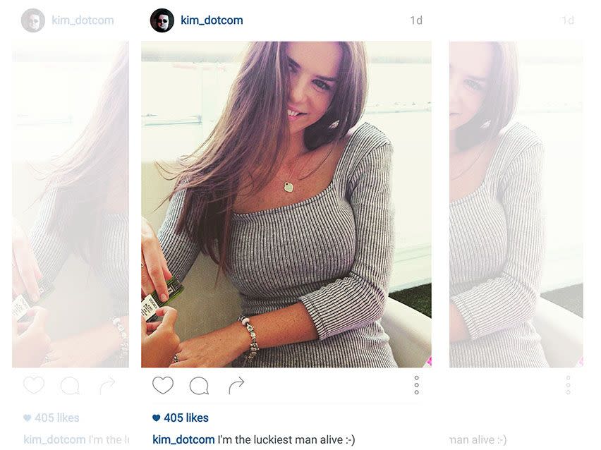 Dotcom reckons he's the 'happiest man alive' with Kiwi Elizabeth Donnelly. Picture: Instagram/Kim_Dotcom