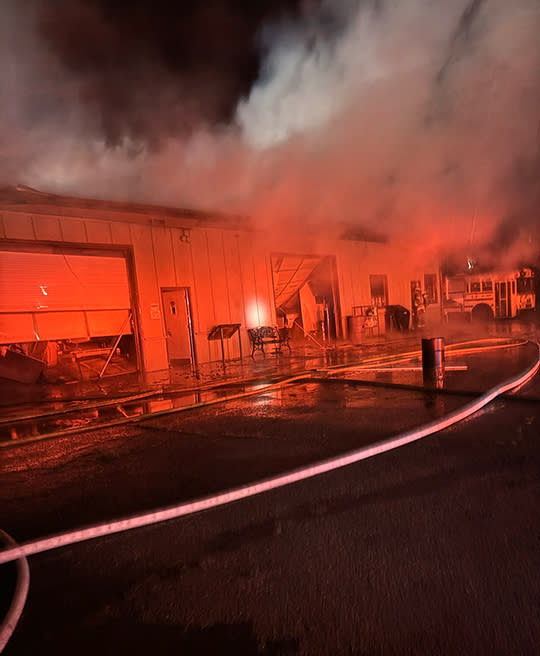 With the overhead of Fatboy Fabrication being plywood, the Elizabethton Fire Department had to attack the fire from the exterior of the building. (Photo courtesy of Elizabethton Fire Department)