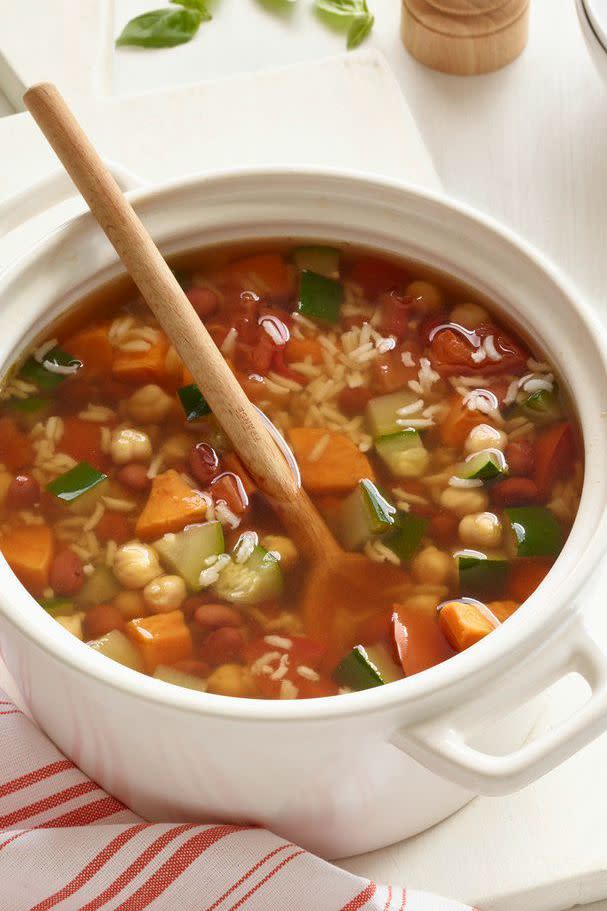 <p>Make one heaping pot of this hearty soup and freeze separately for a quick dinner you can enjoy all month long.</p><p><em><a href="https://www.womansday.com/food-recipes/food-drinks/recipes/a51523/sweet-potato-bean-rice-soup/" rel="nofollow noopener" target="_blank" data-ylk="slk:Get the Sweet Potato, Bean and Rice Soup recipe.;elm:context_link;itc:0;sec:content-canvas" class="link ">Get the Sweet Potato, Bean and Rice Soup recipe.</a></em></p>