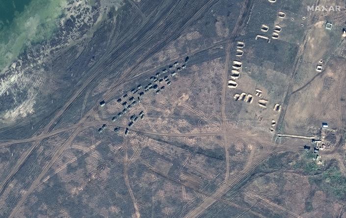 Overview shows a battalion-sized unit in a convoy near Filativka training area, Crimea, Feb. 15, 2022 (Satellite image &#xa9;2022 Maxar Technologies)