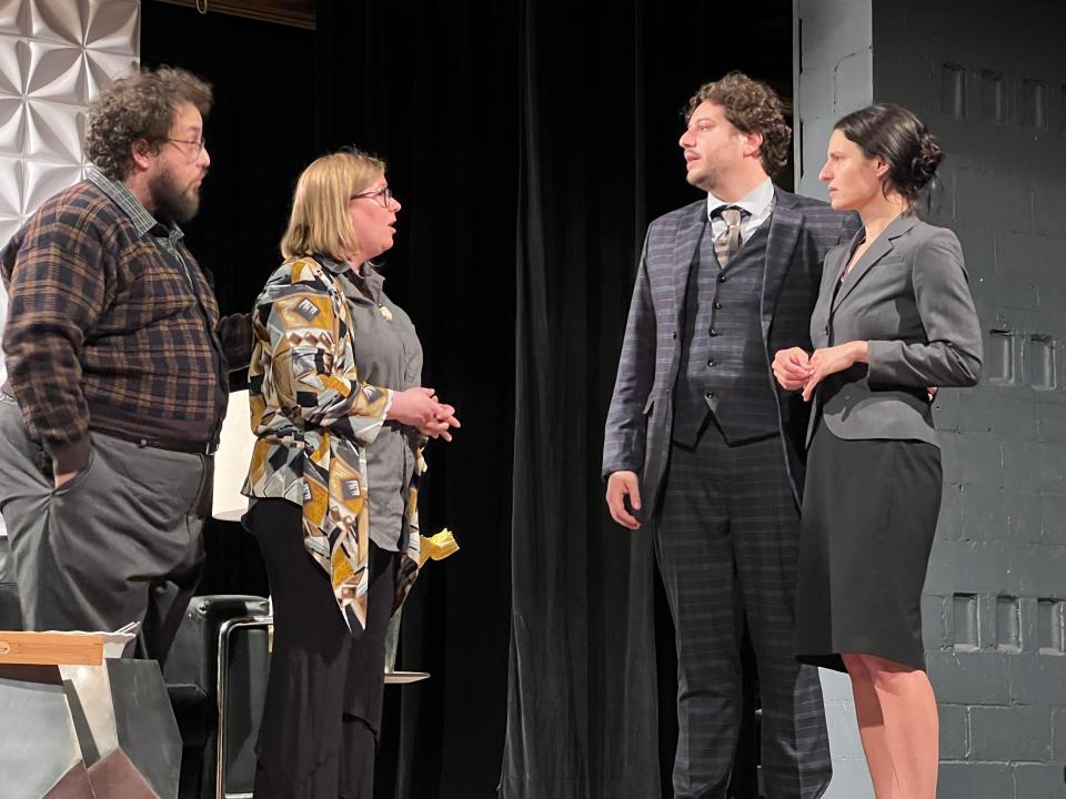 Glenn Thompson, left, Mandy Walsh, Daniel Shtivelberg and Christie Coran rehearse a scene for Dunes Summer Theatre's production of "God of Carnage" that opens June 17 and continues through July 3, 2022, at the seasonal theater in Michigan City.