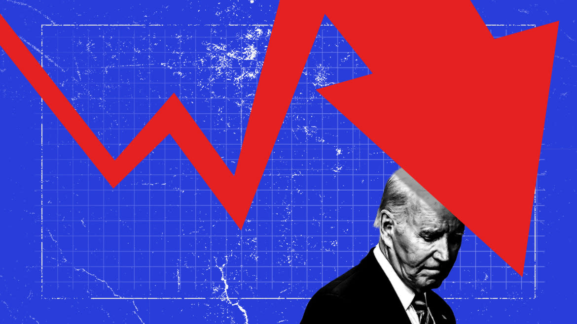 Joe Biden with an illustration of a chart showing a downward-facing arrow.