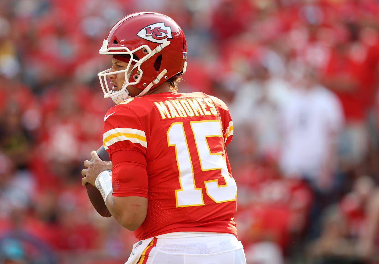 KANSAS CITY, MISSOURI - SEPTEMBER 12: Patrick Mahomes #15 of the Kansas City Chiefs looks to pass against the Cleveland Browns during the first half at Arrowhead Stadium on September 12, 2021 in Kansas City, Missouri. (Photo by Jamie Squire/Getty Images)