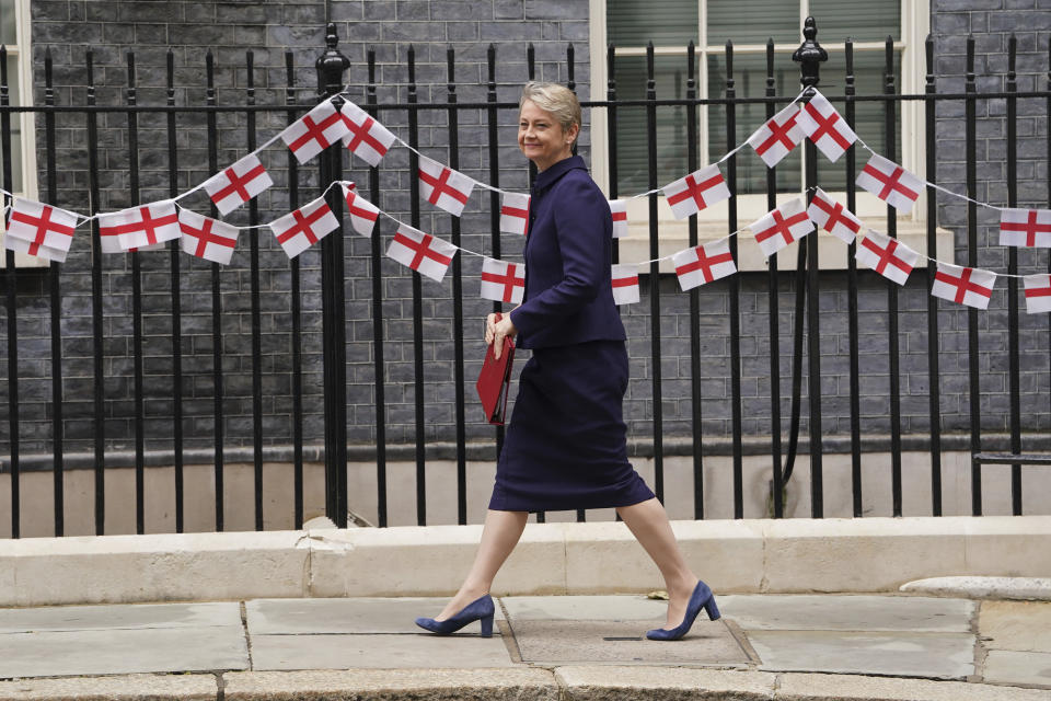 Britain's Home Secretary Yvette Cooper arrives in Downing Street, London, for a Cabinet meeting Tuesday July 9, 2024. (Lucy North/PA via AP)