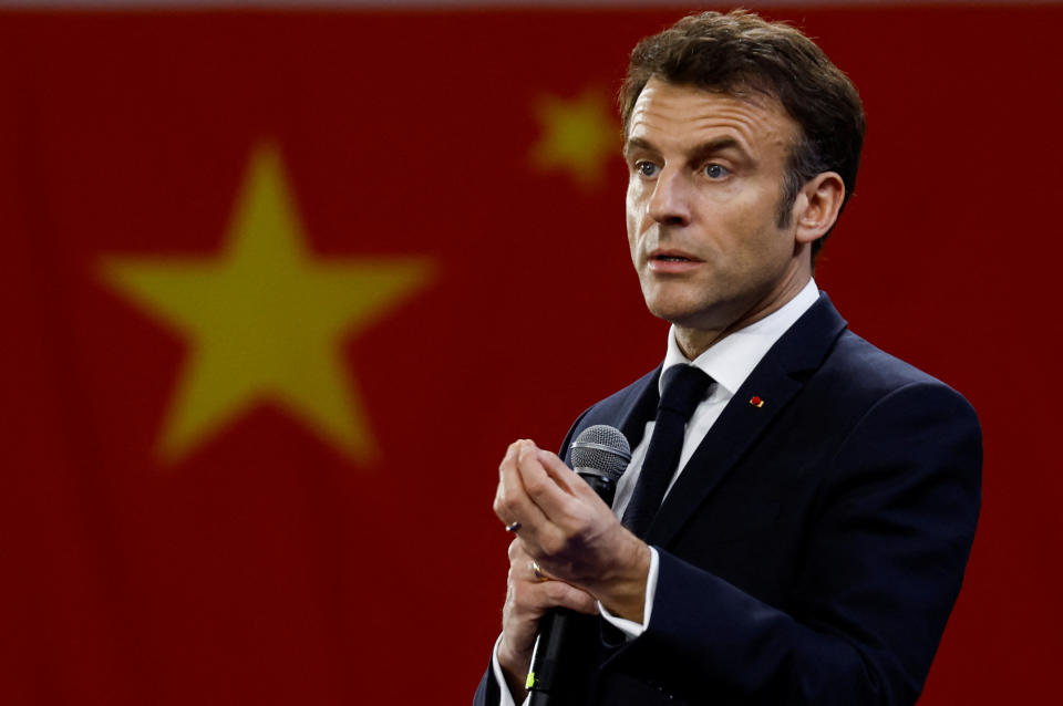 French President Emmanuel Macron speaks as he visits Sun Yat-sen University in Guangzhou, China, April 7, 2023. REUTERS/Gonzalo Fuentes