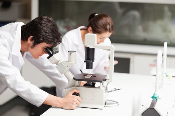 Serious science students using a microscope in a laboratory