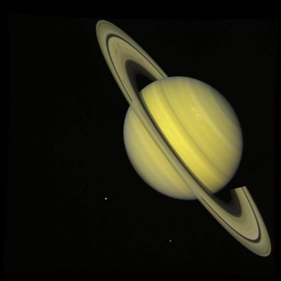 This 'true color' image of Saturn was taken from the Voyager 2 spacecraft 21 million miles away from the planet on July 21, 1981.