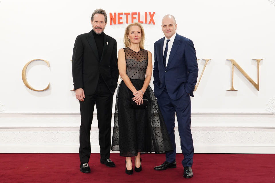 (L-R) Bertie Carvel, Gillian Anderson and Jonny Lee Miller at ‘The Crown’ finale celebration in London