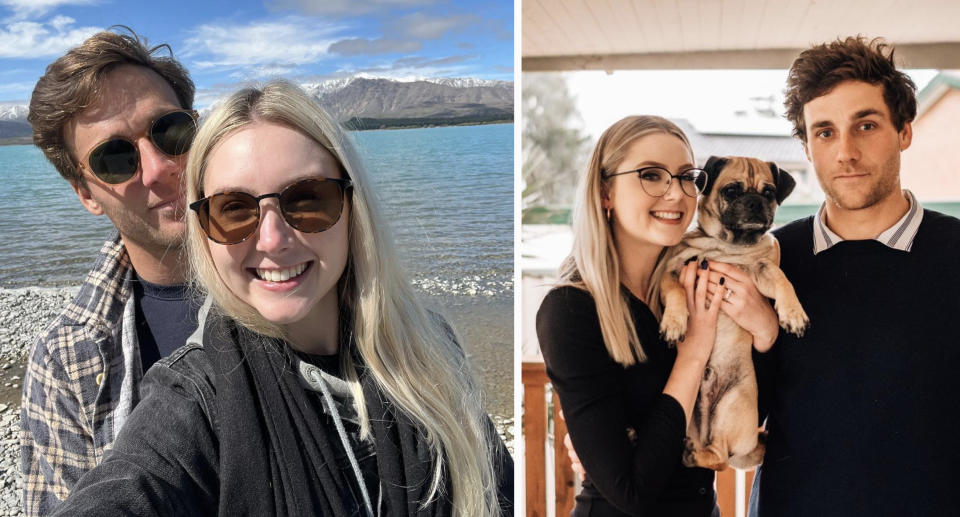 Shannen and Connor Rissel by a lake (left) and holding a dog (right).