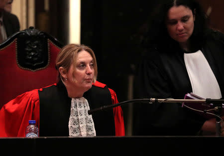 Chairwoman of the court Laurence Massar is seen during the trial of Mehdi Nemmouche and Nacer Bendrer in Brussels, Belgium March 12, 2019. REUTERS/Yves Herman/Pool