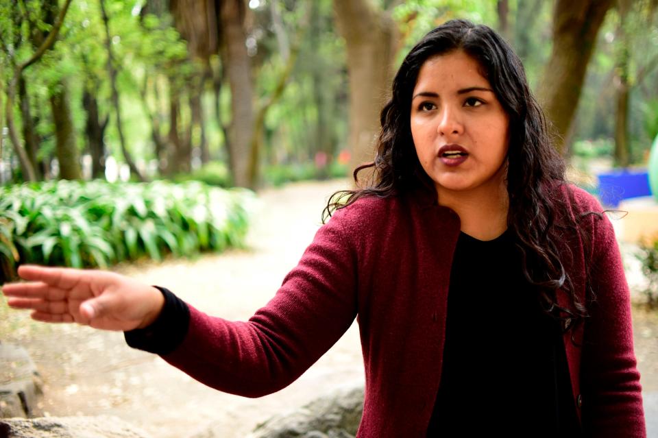 Mexican Karla Jacinto, 25, who was victim of white slavery, speaks during an interview with AFP at a park in Mexico City, on January 4, 2018. The most powerful pimps of Mexico have virtually built walls around Tenancingo, the city where according to authorities, most of them were born. In Tenancingo, boys dream of becoming pimps and girls are treated like prostitutes.