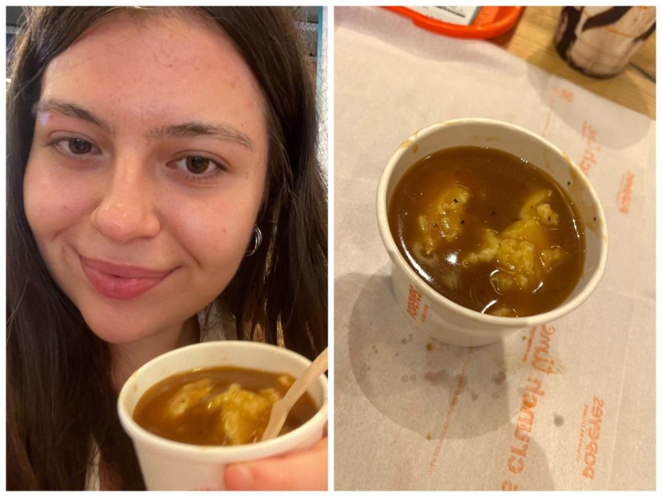 Left, the author with mash and gravy. Right, mash and gravy.