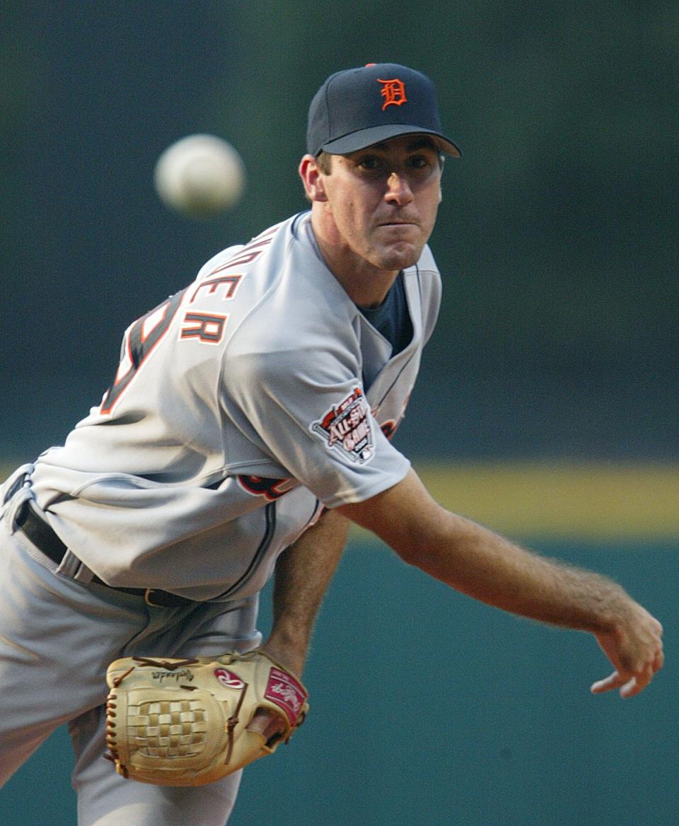 Detroit Tigers' Jason Verlander pitches to Cleveland Indians' Travis Hafner in the first inning of the second game of a day-night doubleheader at Jacobs Field on Monday, July 4, 2005, in Cleveland.