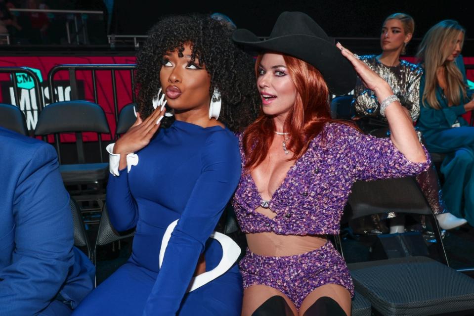 Megan Thee Stallion and Shania Twain at the 2023 CMT Music Awards held at Moody Center on April 2, 2023 in Austin, Texas.