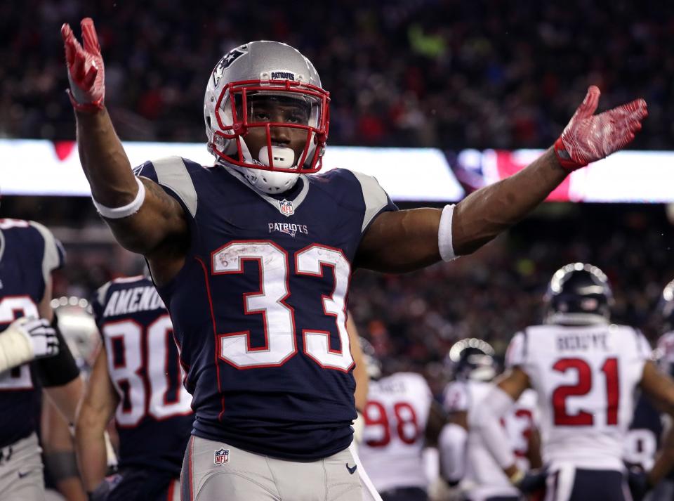 Dion Lewis scored three touchdowns for the Patriots vs. Houston last week. (Getty Images)