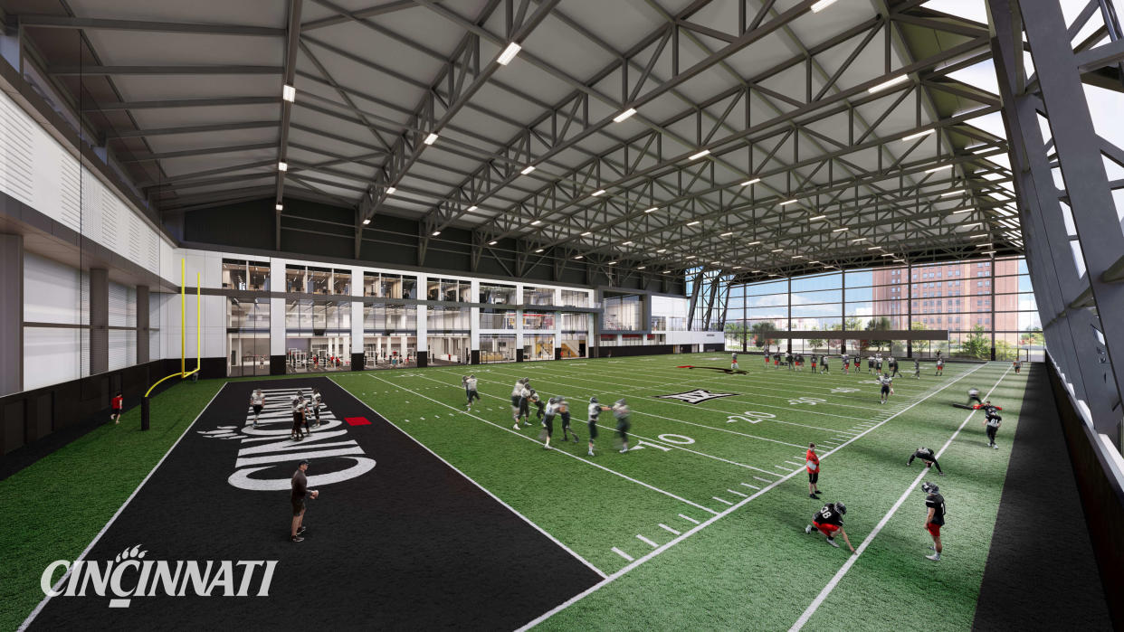 A rendering of UC's new indoor practice facility and performance center. The facility is due to be finished in summer 2025.