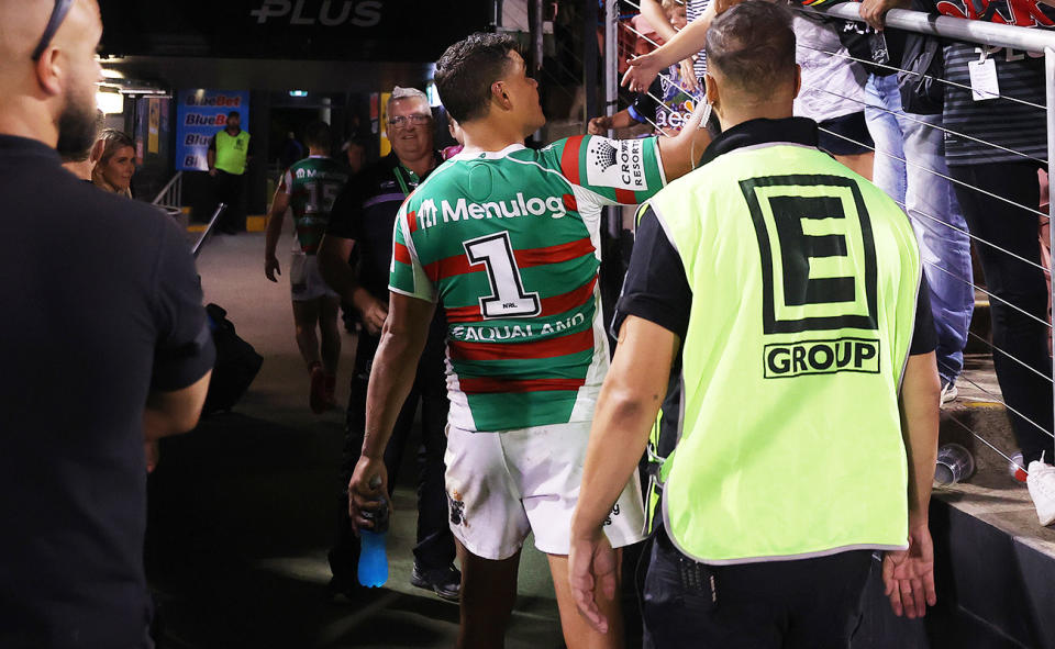 Latrell Mitchell, pictured here at half-time in South Sydney's clash with South Sydney.