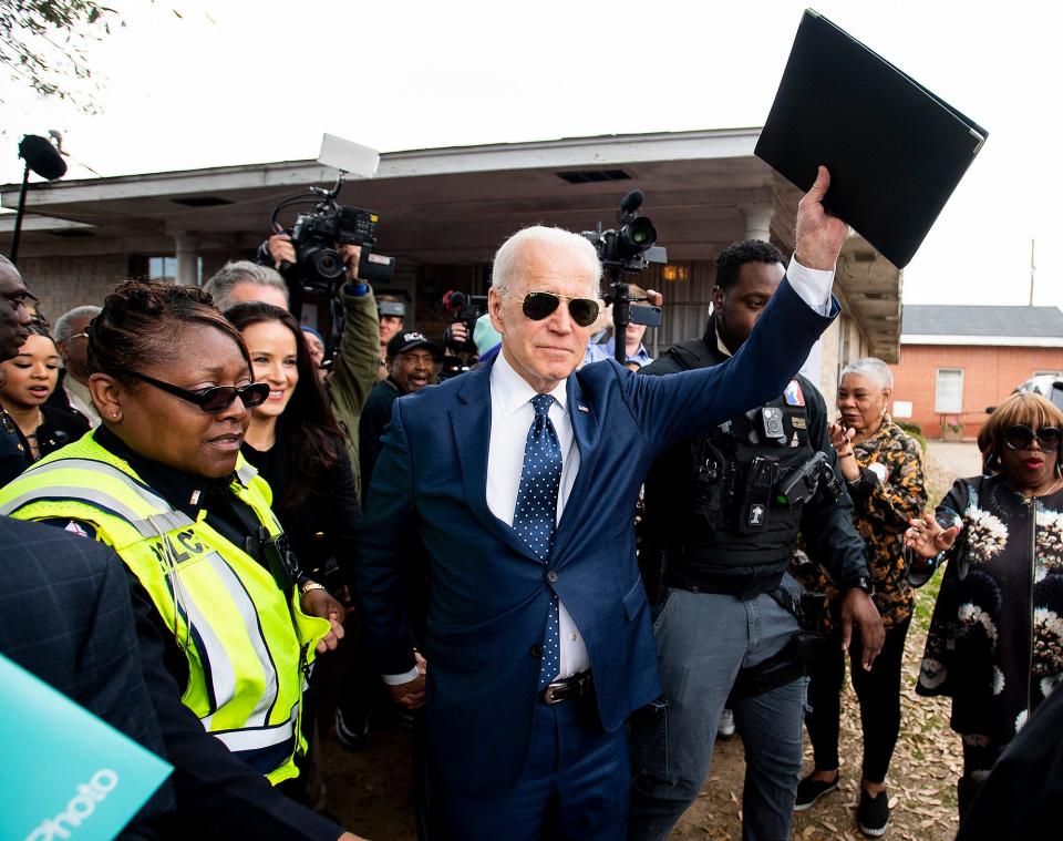 Former Vice President Joe Biden arrives at Brown Chapel AME Church in Selma, Ala., on Sunday March 1, 2020. It is the 55th anniversary of the Selma Bloody Sunday Bridge Crossing.
