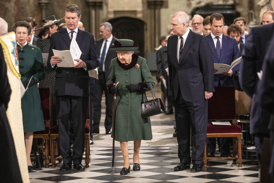 The Queen and the Duke of York arriving at the thanksgiving for the Duke of Edinburgh in March 2022. (PA)