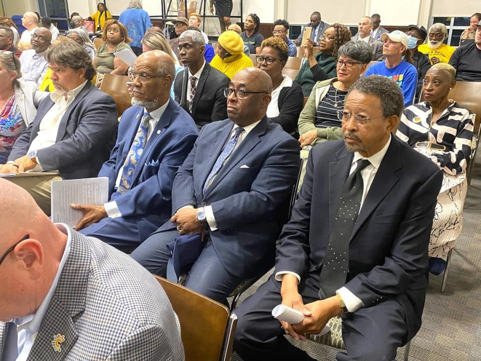 Sitting with former state representative Calvin Smyre are the Rev. Johnny Flakes III and the Rev. Ralph Huling, who spoke in favor of the baseball venture.