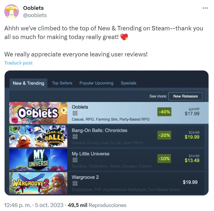 Ooblets tuvo un debut excelente en Steam