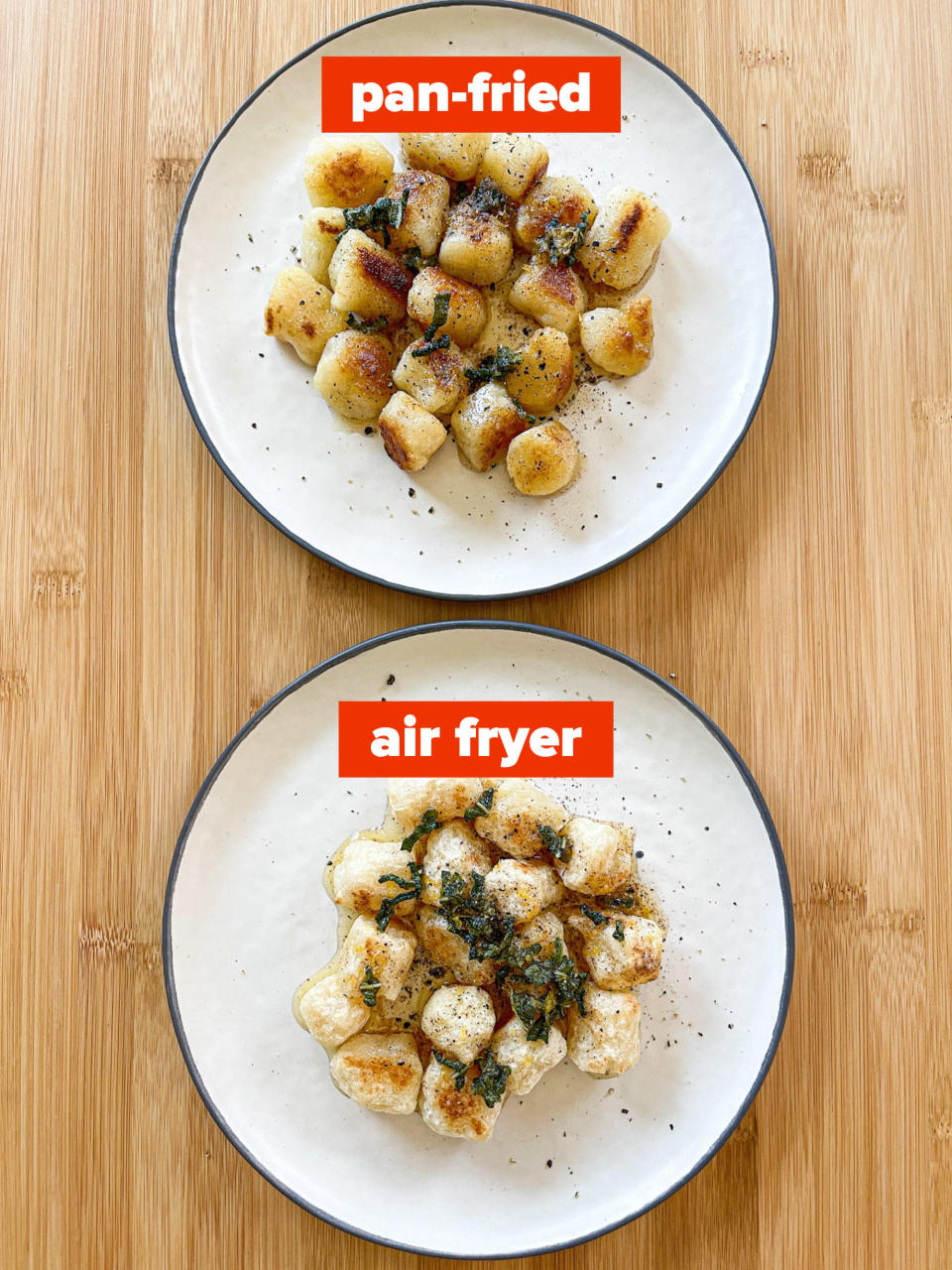 pan fried vs. air fried gnocchi, side by side