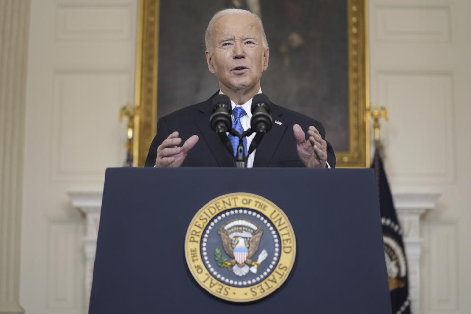 President Joe Biden delivers remarks on a $95 billion Ukraine Israel aid package being debated in Congress, in the State Dining Room of the White House, Tuesday, Feb. 13, 2024, in Washington. (AP Photo/Evan Vucci)
