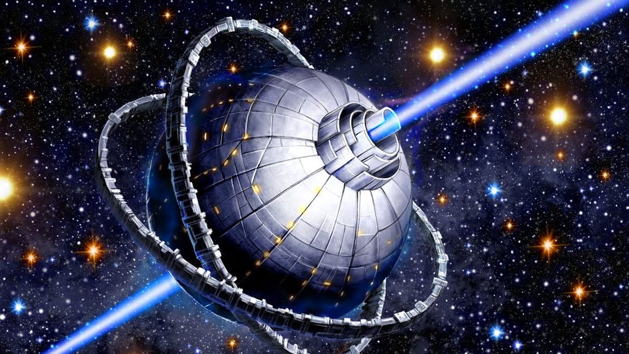  An illustration of  a metallic, orblike alien craft blasting twin beams of blue light into space 