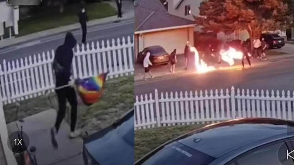 A LGBTQ+ Pride flag was taken from Shannon Gentry’s home and burned on the street on June 8, 2023 and again four days later at this home in Antelope, California. Two other homes in the same area also were targeted in the same week. The Sacramento County Sheriff’s Office is investigating these incidents as hate crimes. Investigators believe the crimes were committed by the same group of unidentified vandals. The suspects, wearing masks and hooded-sweatshirts, are seen in security camera video taking the Pride flags and burning them nearby.