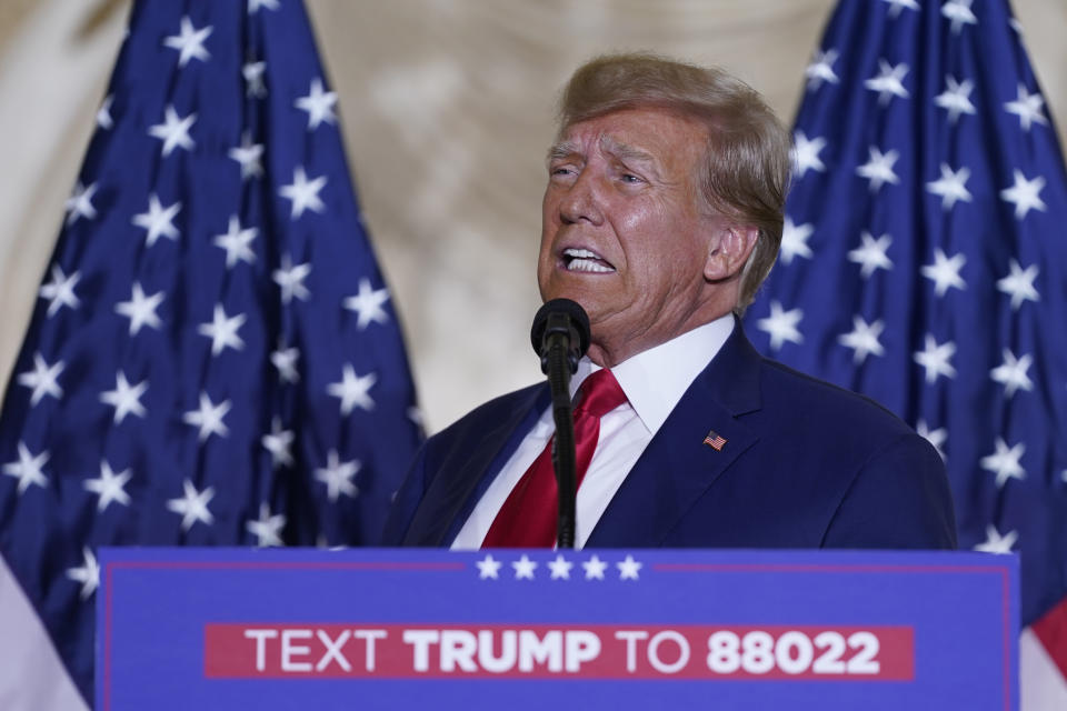 Former President Donald Trump speaks at his Mar-a-Lago estate Tuesday, April 4, 2023, in Palm Beach, Fla., after being arraigned earlier in the day in New York City. (AP Photo/Evan Vucci)