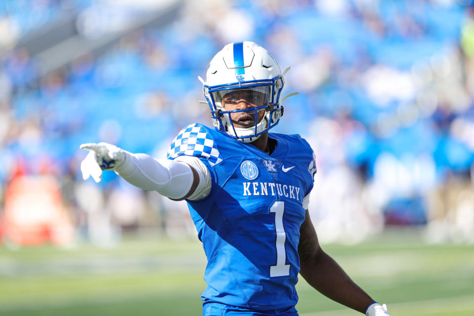 LEXINGTON, KY - OCTOBER 3: Kelvin Joseph #1 of the Kentucky Wildcats prepares for a play against the Ole Miss Rebels on October 3, 2020 at Commonwealth Stadium in Lexington, Kentucky. (Photo by UK Athletics/Collegiate Images/Getty Images)