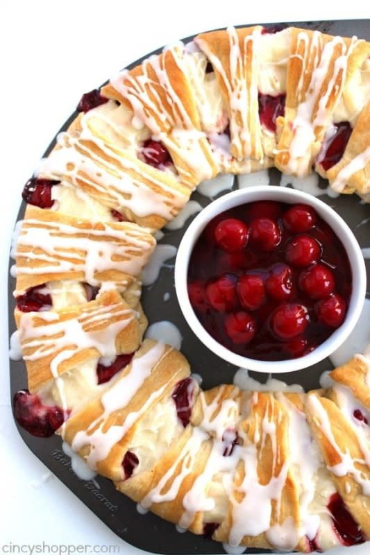 <p>Cincy Shopper</p><p>If you are feeding a crowd breakfast or even dessert, this Danish-type ring is going to work perfectly. Since this ring uses store-bought crescent dough, it can be whipped up in no time at all.</p><p><strong>Get the recipe: <a href="https://cincyshopper.com/cherry-cream-cheese-crescent-ring/" rel="nofollow noopener" target="_blank" data-ylk="slk:Cherry Cream Cheese Crescent Ring;elm:context_link;itc:0;sec:content-canvas" class="link ">Cherry Cream Cheese Crescent Ring</a></strong></p>