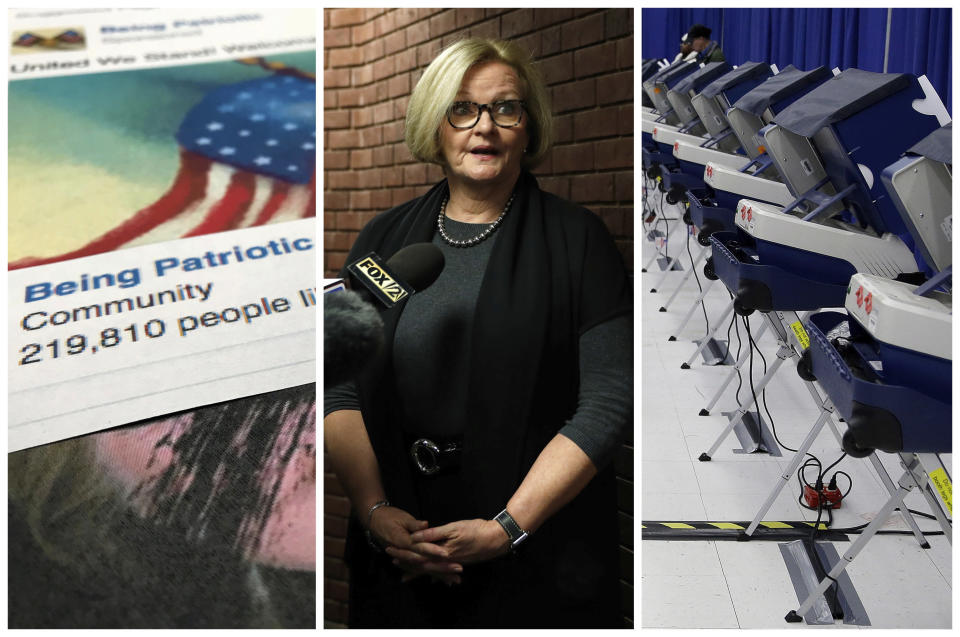 <p> This combination of 2017-2018 photos shows from left, a Facebook posting from a group named "Being Patriotic" attributed to Russian agents by the U.S. House Intelligence Committee, Democratic Sen. Claire McCaskill of Missouri whose campaign was targeted by Russian hackers and voting machines in Chicago after hackers found a way into the voter registration database at the Illinois State Board of Elections in mid-2016. (AP Photo/Jon Elswick, Jeff Roberson, Kiichiro Sato) </p>