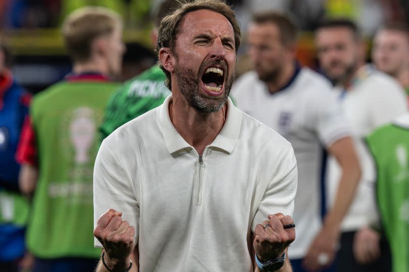 Gareth Southgate celebrates after England's 2-1 semi-final win over the Netherlands