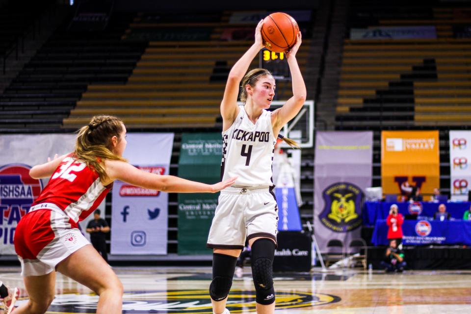 Kickapoo's Mikayla Pilley reaches for a rebound during the MSHSAA Class 6 semifinal against Cor Jesu Academy at Mizzou Arena on Mar. 15, 2024, in Columbia, Mo.