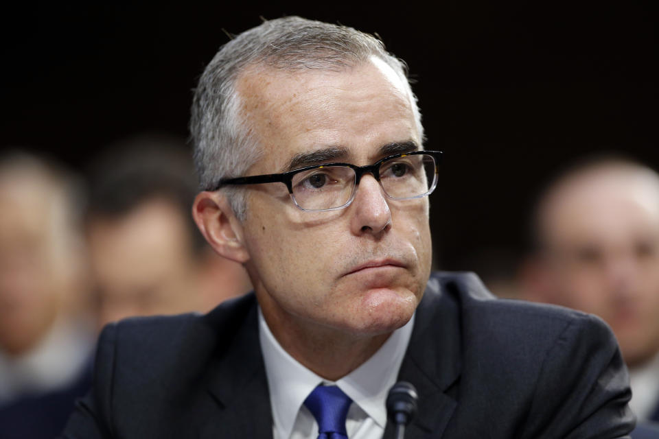 FILE - Then FBI acting director Andrew McCabe listens during a Senate Intelligence Committee hearing about the Foreign Intelligence Surveillance Act, on Capitol Hill, June 7, 2017, in Washington. The commissioner of the Internal Revenue Service has asked the Treasury Department’s inspector general to immediately review the circumstances surrounding intensive tax audits that targeted ex-FBI Director James Comey and ex-Deputy Director Andrew McCabe. (AP Photo/Alex Brandon, File)