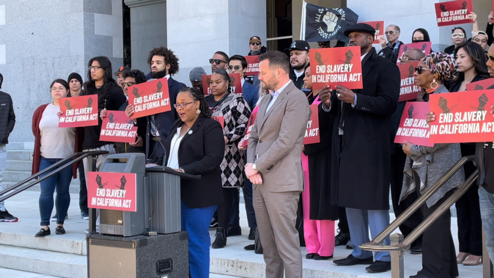 Assemblywoman Lori Wilson, D-Suisun City, announces the reintroduction of a bill that would outlaw involuntary servitude in Sacramento at the California Capitol in February 2023. Wilson is chair of the Legislative Black Caucus, which will push reparations bills in 2024.