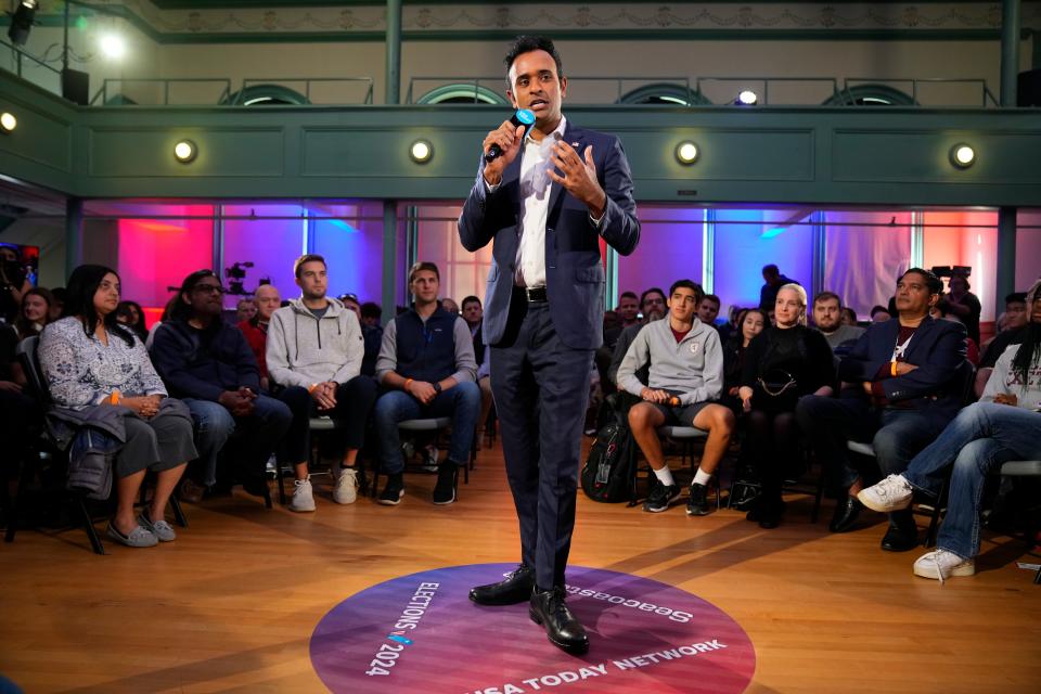 Republican presidential candidate Vivek Ramaswamy speaks during the Seacoast Media Group and USA TODAY Network 2024 Republican Presidential Candidate Town Hall Forum held in the historic Exeter Town Hall in Exeter, New Hampshire. The entrepreneur spoke to prospective New Hampshire voters about issues during the hour-long forum. Ramaswamy spoke on the difference between him and his opponents using donors to fund their campaigns.