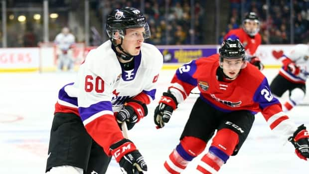 Luke Prokop, left, is shown playing in the Canadian Hockey League Prospects game on Jan. 16, 2020, in Hamilton.   (Vaughn Ridley/Getty Images - image credit)