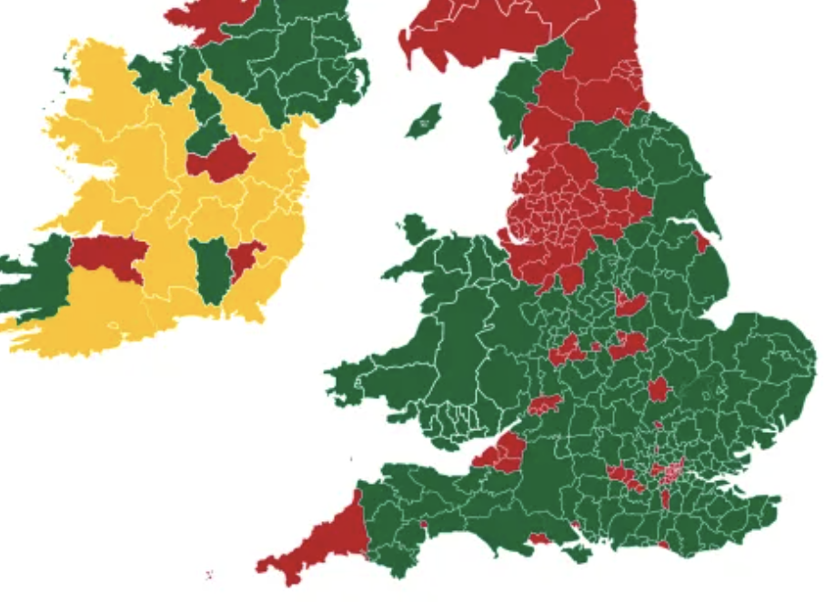 Danger zones: the Government of Jersey map of high-risk (red) and low-risk (green) locations from 22 June (Government of Jersey)