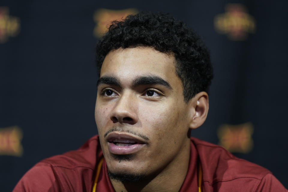 Iowa State's Tamin Lipsey speaks to the media during the NCAA college Big 12 men's basketball media day Wednesday, Oct. 18, 2023, in Kansas City, Mo. (AP Photo/Charlie Riedel)