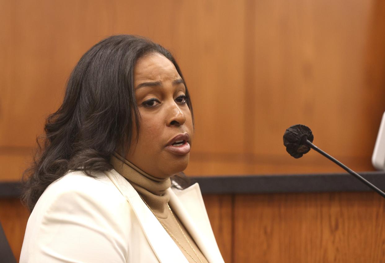 Former Rochester Mayor Lovely Warren testifies on her behalf at a hearing. Her Democratic primary opponent, Michael Geraci, argued she should be removed from the ballot for City Court judge.