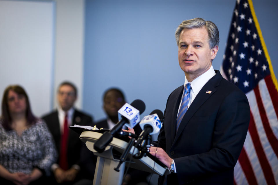 FBI Director Christopher Wray, speaks at the FBI Norfolk Field Office, Wednesday, Feb. 15, 2023, in Chesapeake, Va. (AP Photo/John C. Clark)