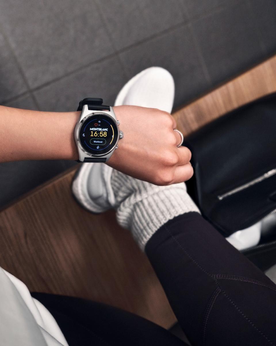 <p>Montblanc Summit Lite. The Summit Lite smartwatch on a person's wrist showing a workout tracking session.</p>
