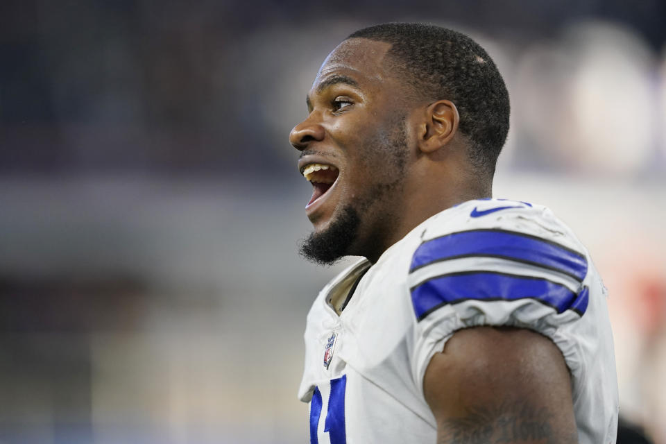 Dallas Cowboys linebacker Micah Parsons (11) celebrates his 20-17 win over the Cincinnati Bengals after an NFL football game Sunday, Sept. 18, 2022, in Arlington, Tx. (AP Photo/Tony Gutierrez)