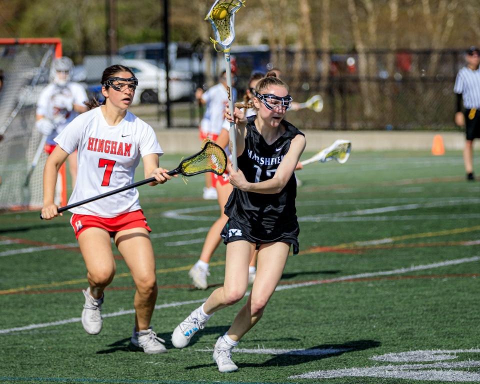 Noelle Finucane controls the ball as Hingham’s Reese Pompeo closes in on her.