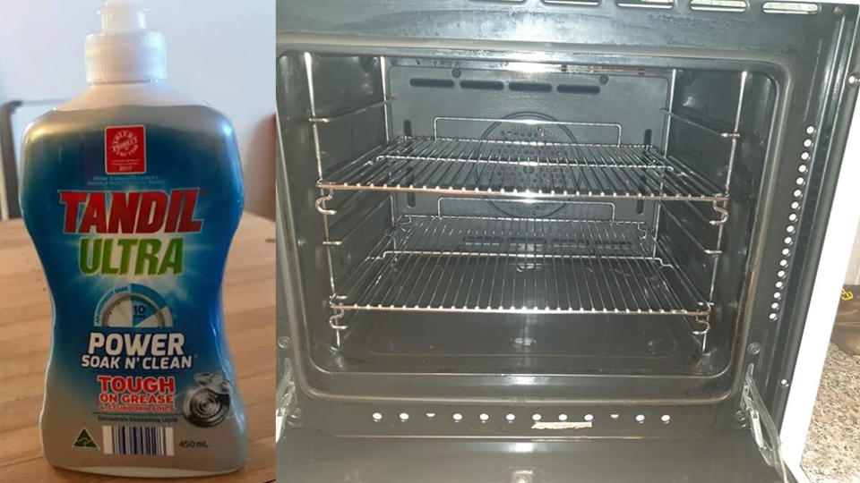 A photo of Aldi dishwashing liquid and a clean oven.