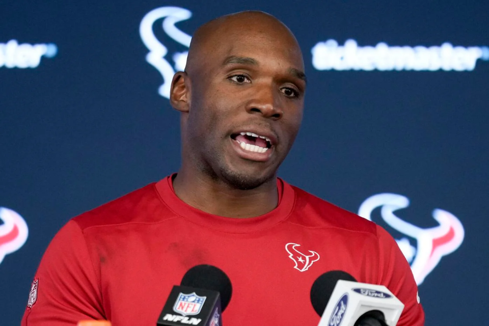 Houston Texans head coach DeMeco Ryans speaks during a news conference after their win against the Cleveland Browns in an NFL wild-card playoff football game Saturday, Jan. 13, 2024, in Houston. (AP Photo/Eric Christian Smith)