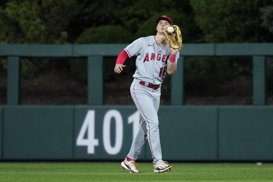 Los Angeles Angels center fielder Mickey Moniak catches a fly out by Philadelphia Phillies' Johan Rojas during the fifth inning of a baseball game, Tuesday, Aug. 29, 2023, in Philadelphia. (AP Photo/Matt Slocum)