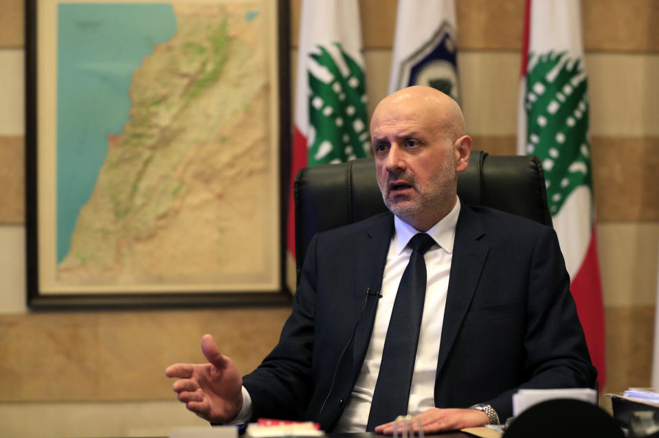 Lebanon's Interior Minister Bassam Moulawi, speaks during an interview with the Associated Press at his office, in Beirut, Lebanon, Tuesday, Nov. 23, 2021. Moulawi said on Tuesday every delay in resolving the crisis with Gulf nations threatens to affect the lives of more Lebanese already reeling from the impact of a massive economic crisis. (AP Photo/Hussein Malla)